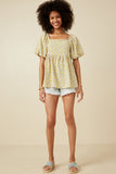 HY7025 Mustard Womens Floral Print Square Neck Puff Sleeve Top Gif