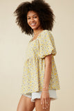 HY7025 Mustard Womens Floral Print Square Neck Puff Sleeve Top Full Body