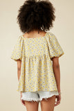 HY7025 Mustard Womens Floral Print Square Neck Puff Sleeve Top Side