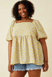 HY7025W Mustard Plus Floral Print Square Neck Puff Sleeve Top Front