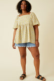 HY7025 Mustard Womens Floral Print Square Neck Puff Sleeve Top Back