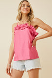 HY7041 Pink Womens Textured Exaggerated Ruffle Cami Tank Front