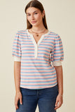 HY7076W Lavender Womens Contrast Banded Button Detail Ribbed Knit Stripe Top Front