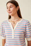 HY7076 Lavender Mix Womens Contrast Banded Button Detail Ribbed Knit Stripe Top Front 2