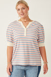 Contrast Banded Button Detail Ribbed Knit Stripe Top