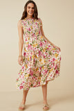 HY7078 Off White Womens Floral Ruffle Detail Smocked Tank Dress Pose