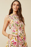 HY7078 Off White Womens Floral Ruffle Detail Smocked Tank Dress Side