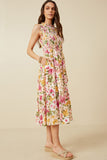 HY7078 Off White Womens Floral Ruffle Detail Smocked Tank Dress Full Body