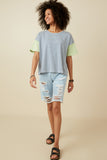 HY7089 Denim Mix Womens Contrast Sleeve Drop Shoulder Knit Stripe Tee Gif