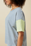 HY7089 Denim Mix Womens Contrast Sleeve Drop Shoulder Knit Stripe Tee Full Body