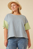 HY7089W Denim Mix Womens Contrast Sleeve Drop Shoulder Knit Stripe Tee Front