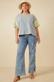 HY7089 Denim Mix Womens Contrast Sleeve Drop Shoulder Knit Stripe Tee Back