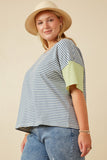 HY7089W Denim Mix Womens Contrast Sleeve Drop Shoulder Knit Stripe Tee Gif