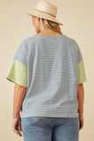 HY7089W Denim Mix Womens Contrast Sleeve Drop Shoulder Knit Stripe Tee Full Body