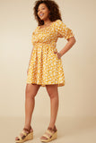 HY7090W Mustard Plus Floral Square Neck Loose Smocked Mini Dress Front