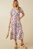 HY7095W Purple Womens Retro Floral Smocked Square Neck Dress Full Body