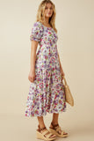 HY7095 Purple Womens Retro Floral Smocked Square Neck Dress Full Body 2