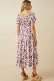 HY7095 Purple Womens Retro Floral Smocked Square Neck Dress Back