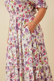 HY7095W Purple Womens Retro Floral Smocked Square Neck Dress Front