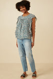 HY7115W TEAL Plus Antique Botanical Paisley Ruffle Top Front