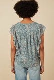 HY7115 TEAL Womens Antique Botanical Paisley Ruffle Top Full Body