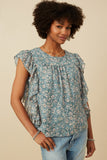 HY7115 TEAL Womens Antique Botanical Paisley Ruffle Top Detail