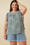 HY7115 TEAL Womens Antique Botanical Paisley Ruffle Top Front