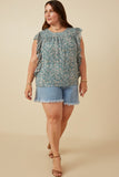 HY7115 TEAL Womens Antique Botanical Paisley Ruffle Top Back