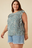 HY7115 TEAL Womens Antique Botanical Paisley Ruffle Top Side