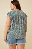 HY7115W TEAL Plus Antique Botanical Paisley Ruffle Top Gif