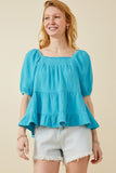 Washed Smock Detail Puff Sleeve Gauze Top