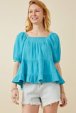 HY7118 BLUE Womens Washed Smock Detail Puff Sleeve Gauze Top Front