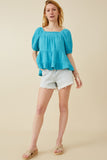 HY7118 BLUE Womens Washed Smock Detail Puff Sleeve Gauze Top Gif