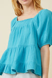 HY7118 BLUE Womens Washed Smock Detail Puff Sleeve Gauze Top Full Body