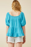 HY7118 BLUE Womens Washed Smock Detail Puff Sleeve Gauze Top Detail