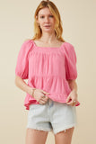 HY7118 PINK Womens Washed Smock Detail Puff Sleeve Gauze Top Front