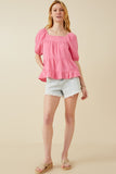 HY7118W Pink Plus Washed Smock Detail Puff Sleeve Gauze Top Front