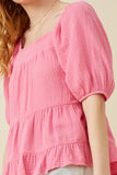 HY7118 PINK Womens Washed Smock Detail Puff Sleeve Gauze Top Full Body