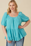 HY7118W Blue Plus Washed Smock Detail Puff Sleeve Gauze Top Front