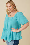 HY7118W Blue Plus Washed Smock Detail Puff Sleeve Gauze Top Front 2