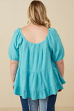 HY7118W Blue Plus Washed Smock Detail Puff Sleeve Gauze Top Side