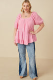 HY7118W Pink Plus Washed Smock Detail Puff Sleeve Gauze Top Gif