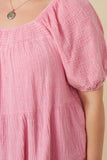 HY7118W Pink Plus Washed Smock Detail Puff Sleeve Gauze Top Full Body