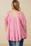 HY7118W Pink Plus Washed Smock Detail Puff Sleeve Gauze Top Detail