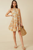 HY7119 Orange Womens Floral Print Ruffled Neck Tiered Tank Dress Full Body