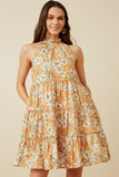 HY7119 Orange Womens Floral Print Ruffled Neck Tiered Tank Dress Front 2