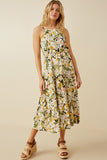 HY7124W Yellow Plus Floral Print Tiered Skirt Cami Dress Full Body