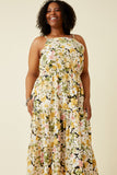 HY7124W Yellow Plus Floral Print Tiered Skirt Cami Dress Front