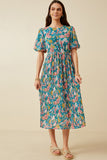 HY7176 Blue Womens Romantic Floral Puff Sleeve Pleated Skirt Dress Full Body