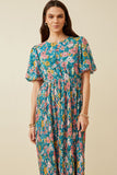 HY7176 Blue Womens Romantic Floral Puff Sleeve Pleated Skirt Dress Front